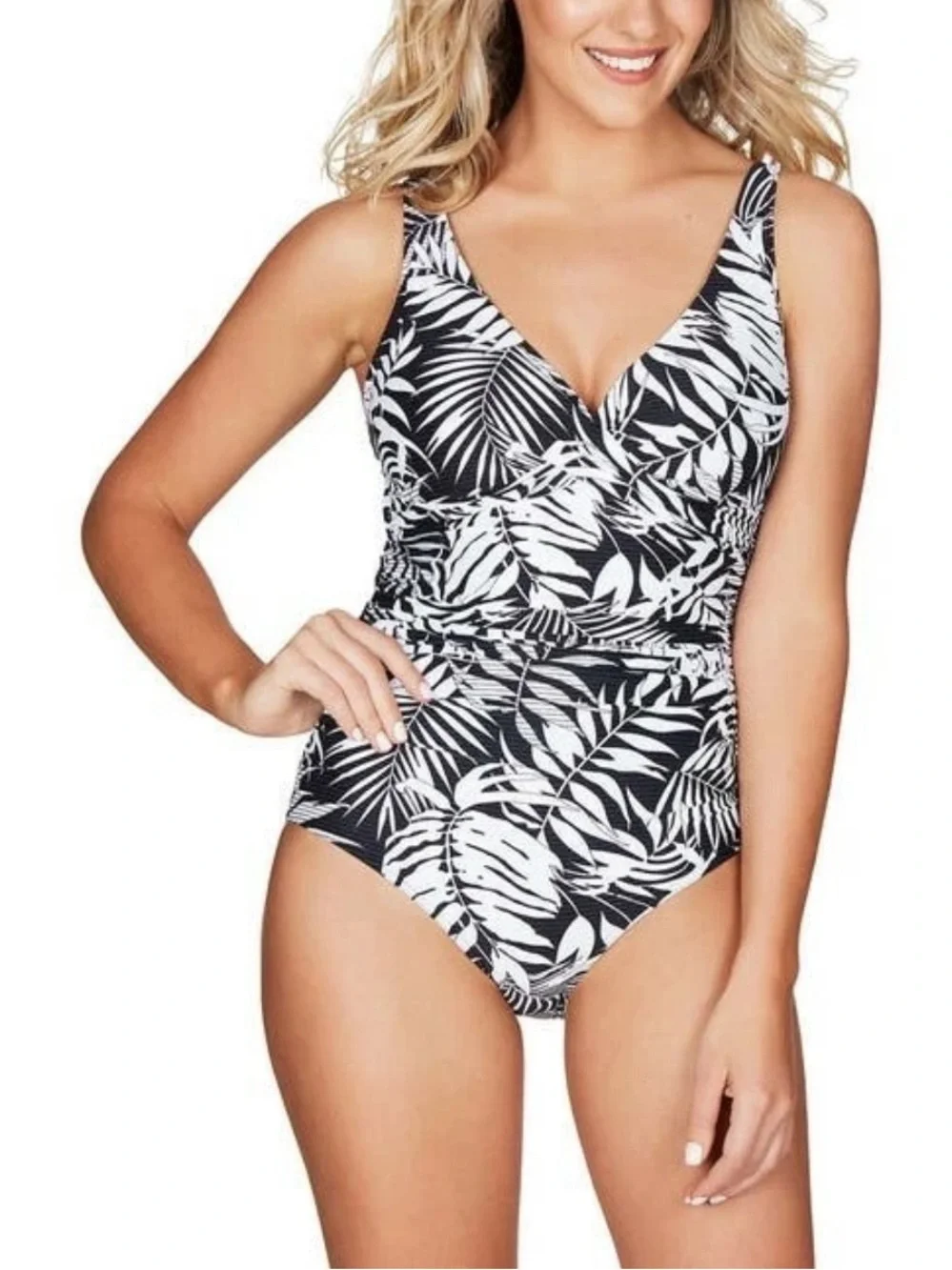 Anne Cole One Piece Black and White Tropical Print Swimsuit Size 12 - Picture 10 of 12